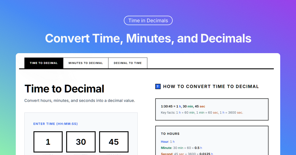 Decimal Time Converter – Convert Time & Minutes to Decimal Hours